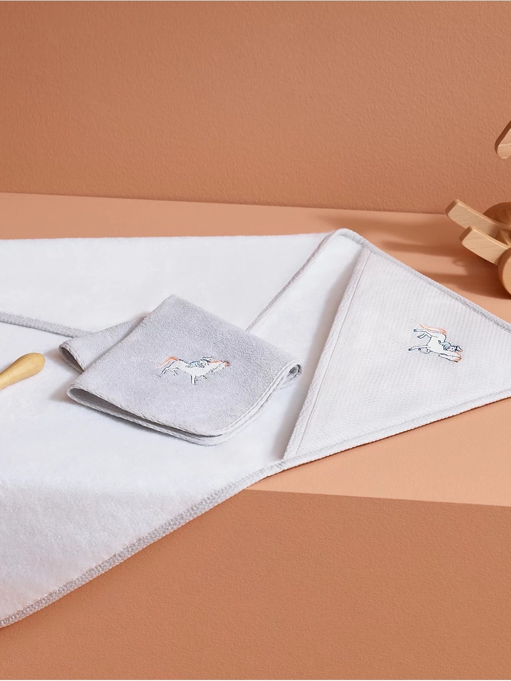 Hermes Hooded Baby Towel, Washcloth and Brush Set - Light Gray with Hermes box